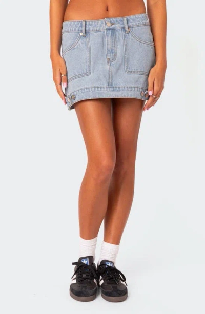 Edikted Foxx Low Rise Patch Pocket Denim Miniskirt In Light-blue