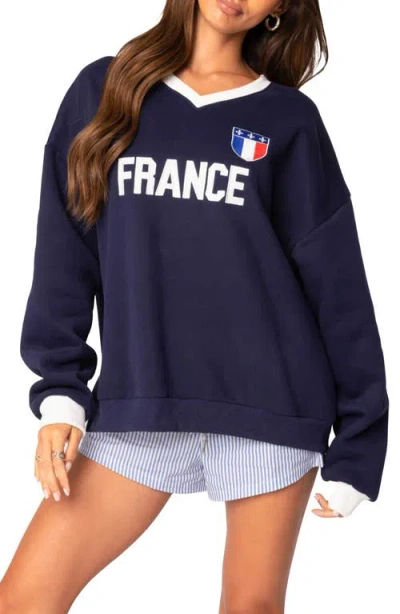 Edikted France Oversize V-neck Sweatshirt In Navy - France