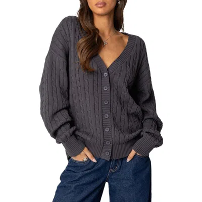 Edikted Francine Oversize Cable Cotton Cardigan In Dark-gray