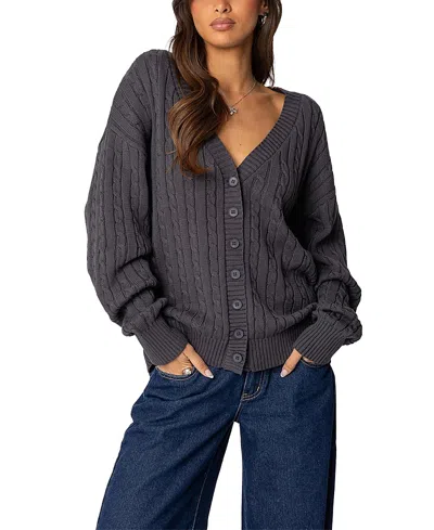 Edikted Francine Oversized V Neck Cardigan In Dark Gray