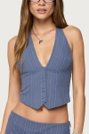 Edikted Frankey Pinstripe Button Up Halter Top In Blue