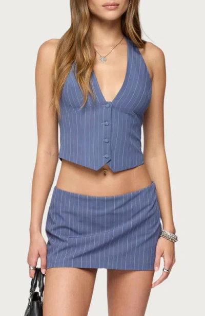 Edikted Frankey Pinstripe Button Up Halter Top In Blue