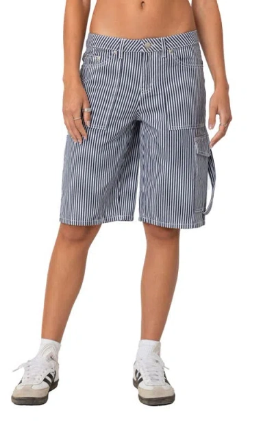 Edikted Friday Stripe Low Rise Cargo Shorts In Navy-and-white
