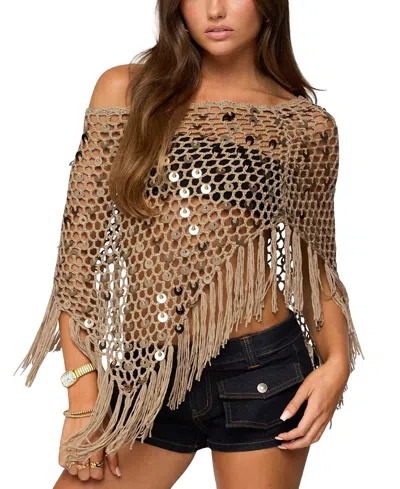 Edikted Fringe Sequin Crochet Poncho In Brown