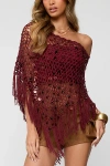 Edikted Fringe Sequin Crochet Poncho Top In Burgundy, Women's At Urban Outfitters