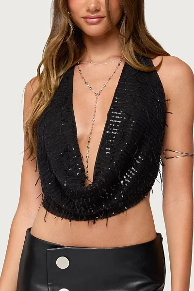 Edikted Fringed Sequin Backless Halteru00a0top In Black, Women's At Urban Outfitters