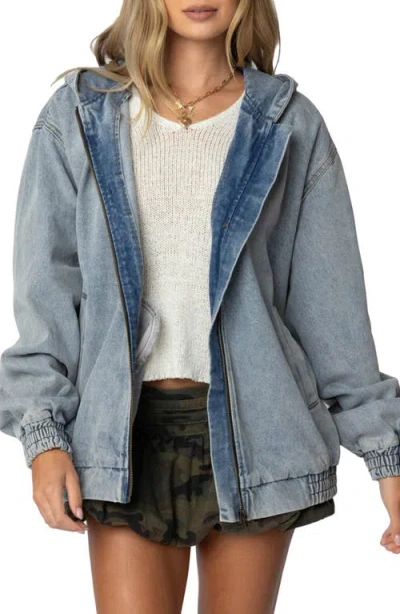 Edikted Hooded Vintage Washed Denim Bomber Jacket In Light-blue