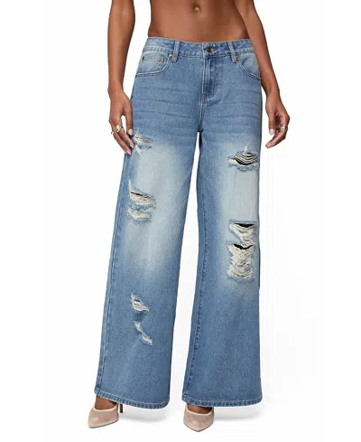Edikted Frye Distressed Low Rise Baggy Jeans In Blue