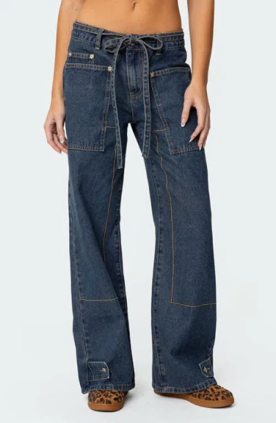 Edikted Funky Stitch Belted Low Rise Wide Leg Jeans In Dark-blue-washed
