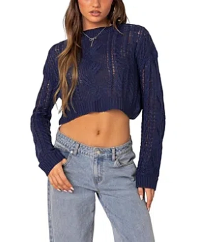 Edikted Women's Gabrielle Cropped Cable Knit Sweater In Navy
