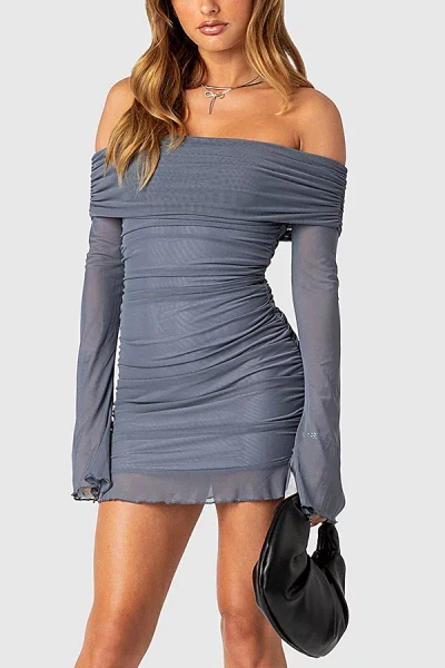 EDIKTED GALA FOLD OVER GATHERED MESH MINI DRESS IN GRAY, WOMEN'S AT URBAN OUTFITTERS