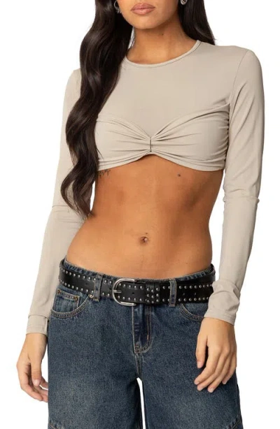 Edikted Gathered Long Sleeve Crop Top In Beige