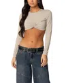Edikted Gathered Long Sleeve Crop Top In Beige