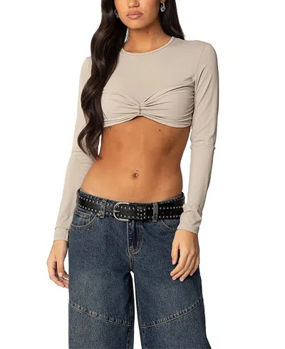 Edikted Gathered Long Sleeve Crop Top In Beige