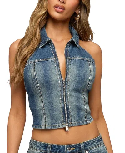 Edikted Gaya Open Back Zip-up Denim Top In Blue