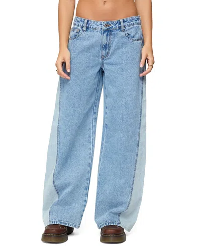Edikted Genna Contrast Panel Low Rise Wide Leg Jeans In Blue