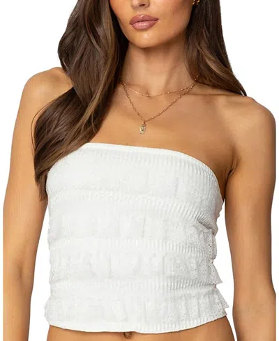 Edikted Georgette Lacey Ruffle Tube Top In White