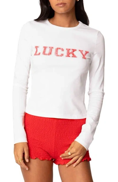 Edikted Get Lucky Long Sleeve Stretch Cotton T-shirt In White