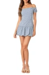 Edikted Gingham Off The Shoulder Bubble Hem Minidress In Blue-and-white