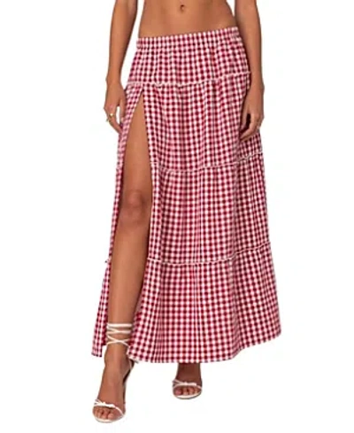 Edikted Gingham Side Slit Tiered Maxi Skirt In Red