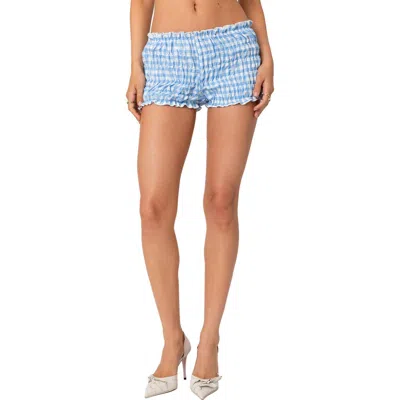 Edikted Gingham Smocked Microshorts In Blue