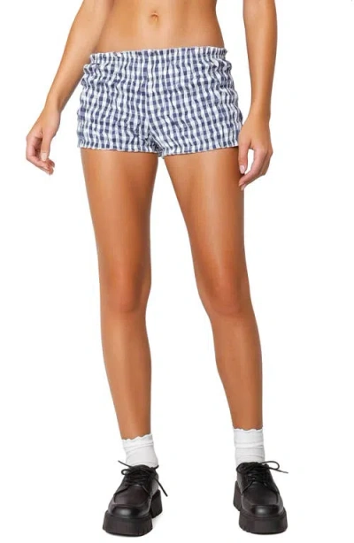 Edikted Gingham Smocked Microshorts In Navy