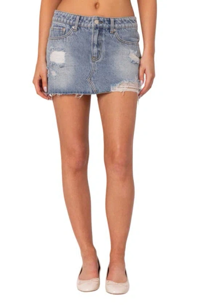 Edikted Ginnie Low Rise Distressed Denim Miniskirt In Light-blue