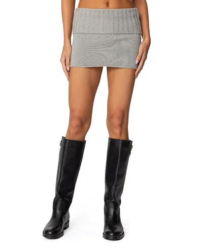 Edikted Gino Fold Over Knit Mini Skirt In Gray Melange
