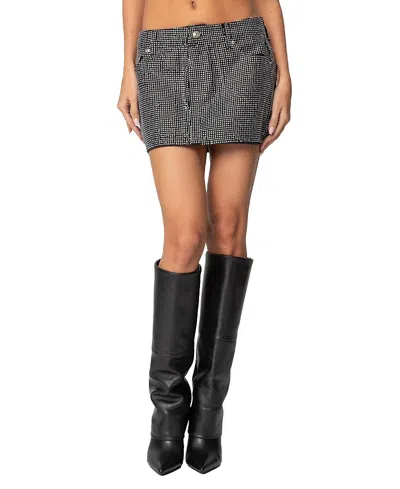 Edikted Glitz Rhinestone Denim Mini Skirt In Silver