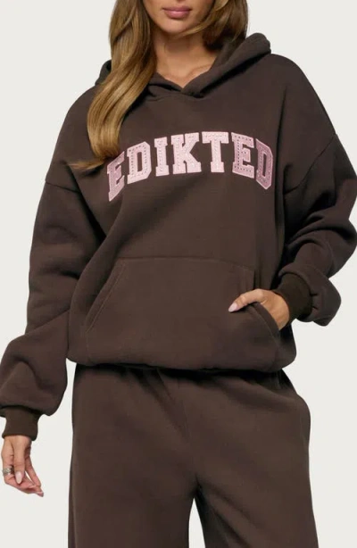 Edikted Glow Rhinestone Graphic Hoodie In Brown