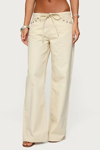 Edikted Grommet Tie Waist Low Rise Jeans In Beige, Women's At Urban Outfitters In Neutral
