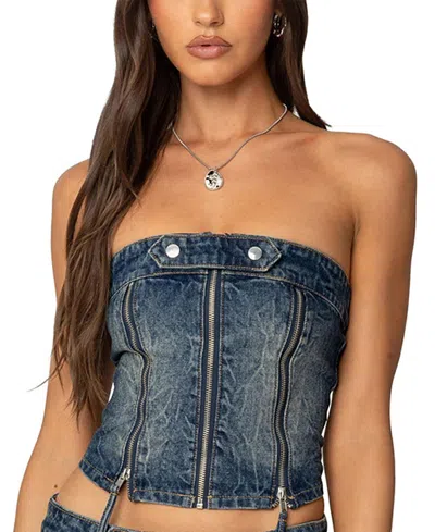 EDIKTED GUINEVERE ZIP WASHED DENIM TOP