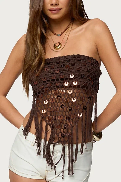 Edikted Handkerchief Backless Crochet Fringed Top In Brown, Women's At Urban Outfitters In Multi