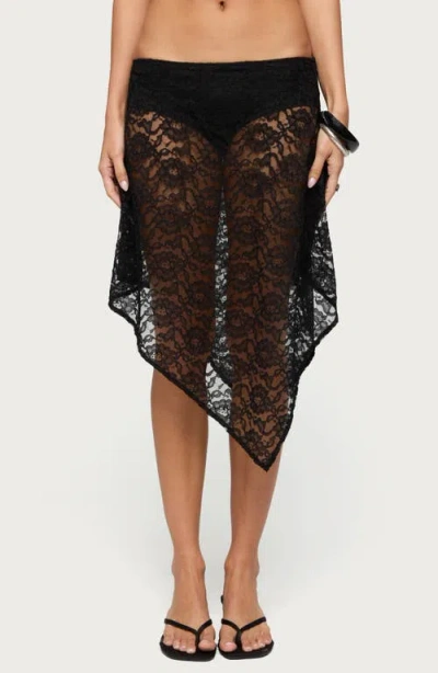 Edikted Handkerchief Hem Low Rise Sheer Lace Skirt In Black