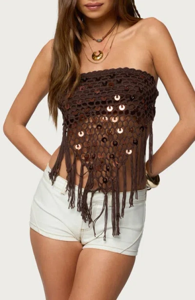 Edikted Handkerchief Open Back Crochet Top In Brown