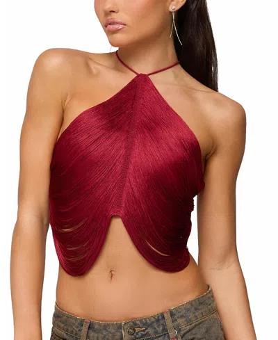 Edikted Hara Fringe Lace-up Open Back Camisole In Burgundy