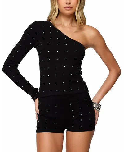 Edikted Harley Rhinestone One Shoulder Knit Top In Black
