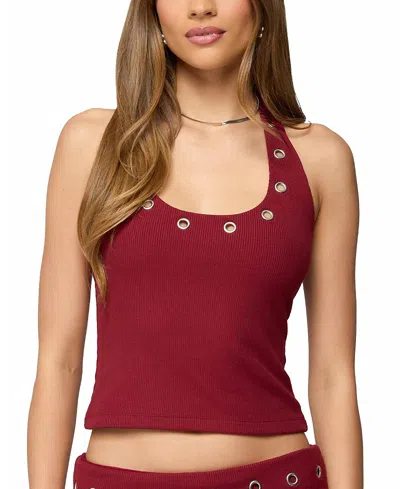 Edikted Havana Grommet Ribbed Halter Top In Burgundy