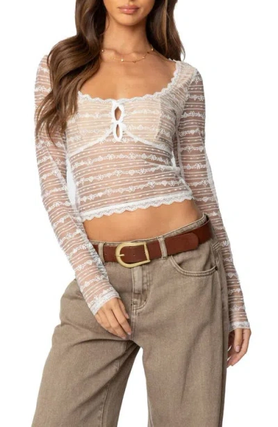 Edikted Heart & Bow Sheer Lace Top In White