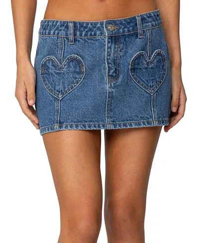 Edikted Heart Pocket Denim Mini Skirt In Blue-washed