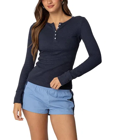 Edikted Helaine Waffle Henley T Shirt In Dark-blue