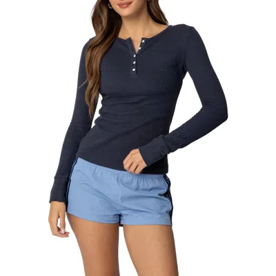 Edikted Helaine Waffle Henley T Shirt In Dark-blue
