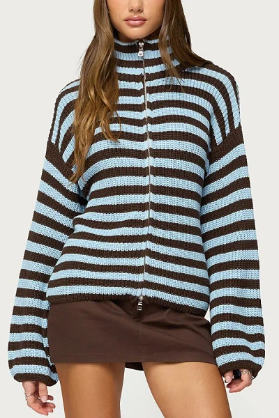 Edikted High Neck Striped Zip Up Sweater In Brown, Women's At Urban Outfitters In Multi