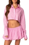 Edikted Hila Pinstripe Crop Cotton Blend Button-up Shirt In Pink