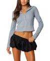 Edikted Hooded Long Sleeve Crop Waffle Henley Top In Gray Melange