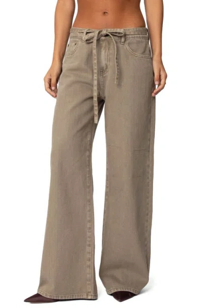 Edikted Hudson Oversize Tie Belt Wide Leg Jeans In Olive-washed