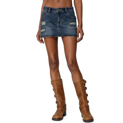 Edikted Hunter Distressed Raw Edge Denim Miniskirt In Dark-blue