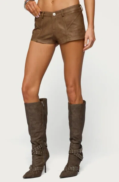 Edikted Idara Faux Leather Micro Shorts In Brown