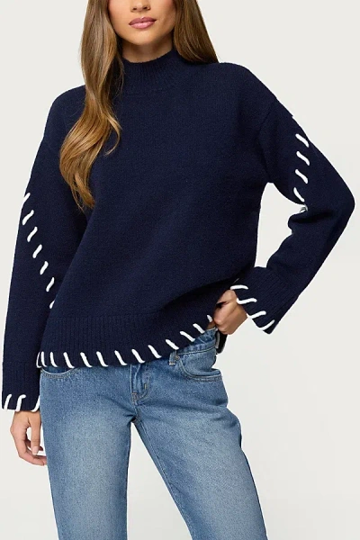 Edikted Indah Contrast Stitch Oversized Sweater In Navy, Women's At Urban Outfitters In Blue