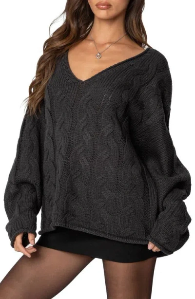 Edikted Inga Oversize V-neck Cable Sweater In Dark-gray